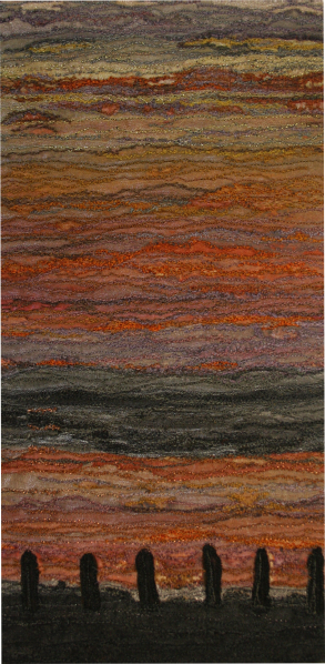Sunset across the Kent estuary in Arnside (12x25 cms) by textile artist Mary Taylor