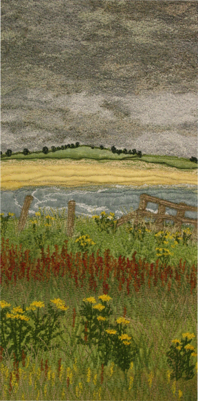 Ragwort and dock above Beadnell Bay, Northumberland (14x28 cms £250) by textile artist Mary Taylor