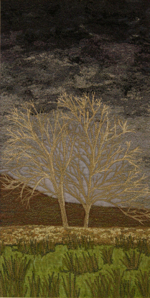 Sunlit Ash trees in Kingsdale, Yorkshire Dales (14x28cms £250) by textile artist Mary Taylor